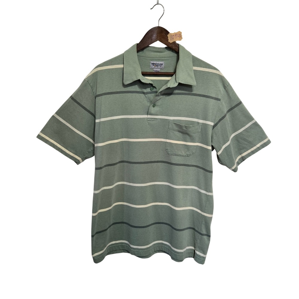 Windham Pointe Mens Large Sage‎ Green Striped Short Sleeve Pocket Polo Shirt